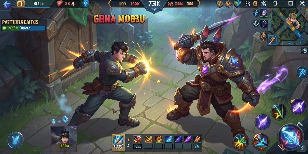 Screenshot utama 73K menampilkan pertarungan sengit antar karakter MOBA.