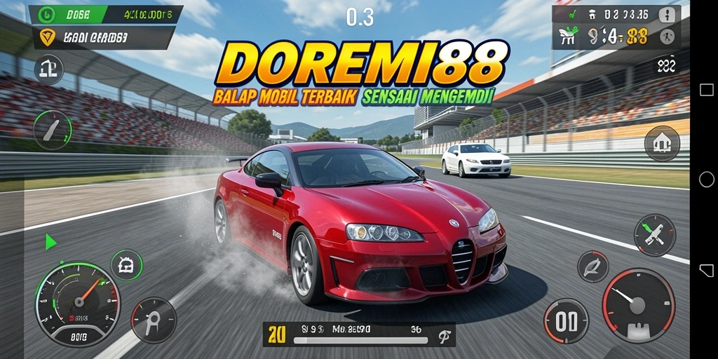Gameplay DOREMI88 menampilkan mobil balap berkecepatan tinggi di trek yang mendebarkan.