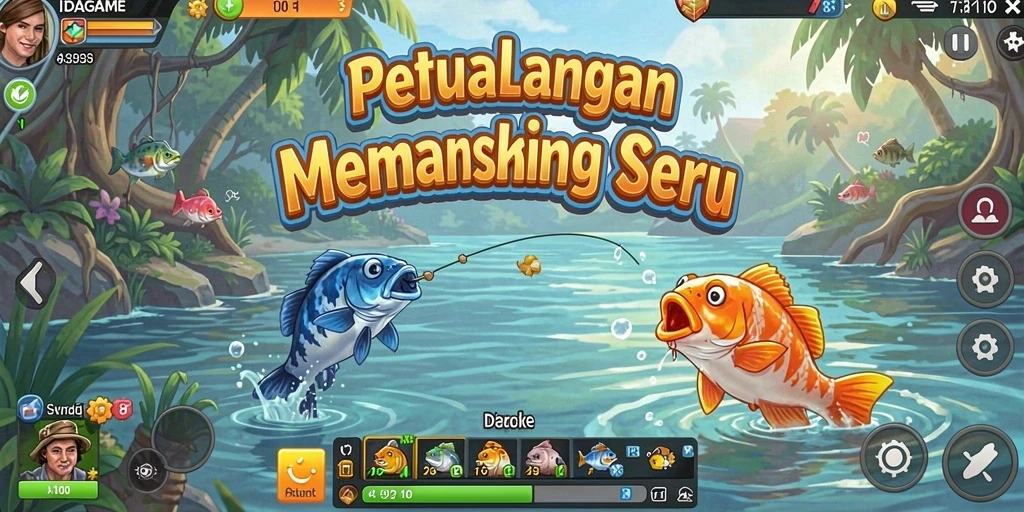 Screenshot gameplay IDAGAME yang menampilkan aksi memancing yang seru.