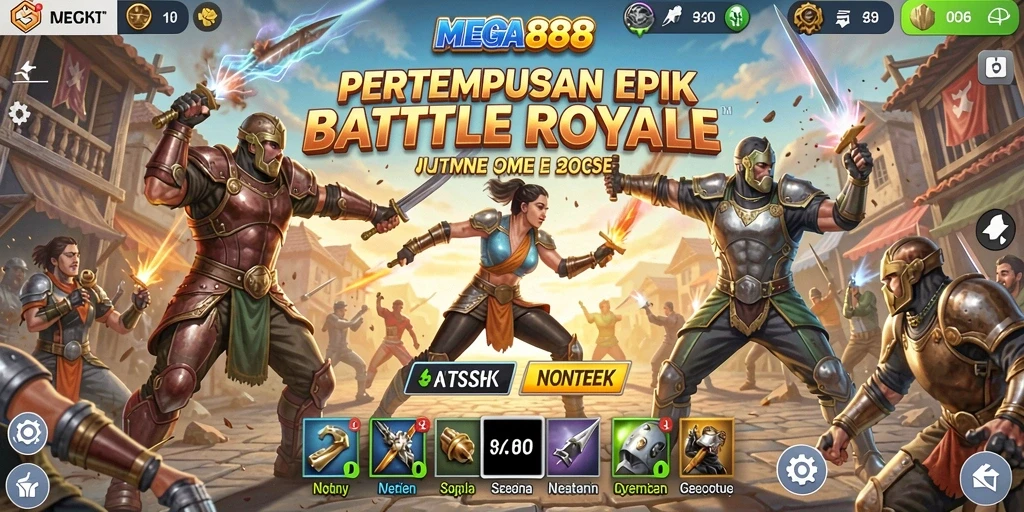 Screenshot utama MEGA888 menampilkan aksi pertempuran yang mendebarkan.
