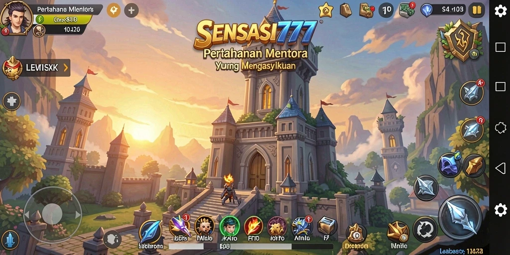 Tangkapan layar SENSASI777 menampilkan aksi menara pertahanan yang intens.